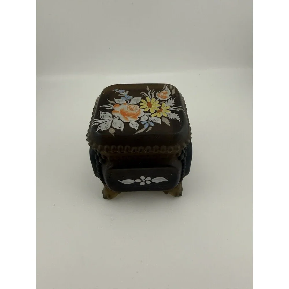 Vtg Westmoreland Glass Satin Black Daisy Beaded Footed Trinket Jewel Box 27546